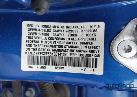 2019 Honda Civic Sport z USA, uszkodzony, nr VIN 19XFC2F85KE014139